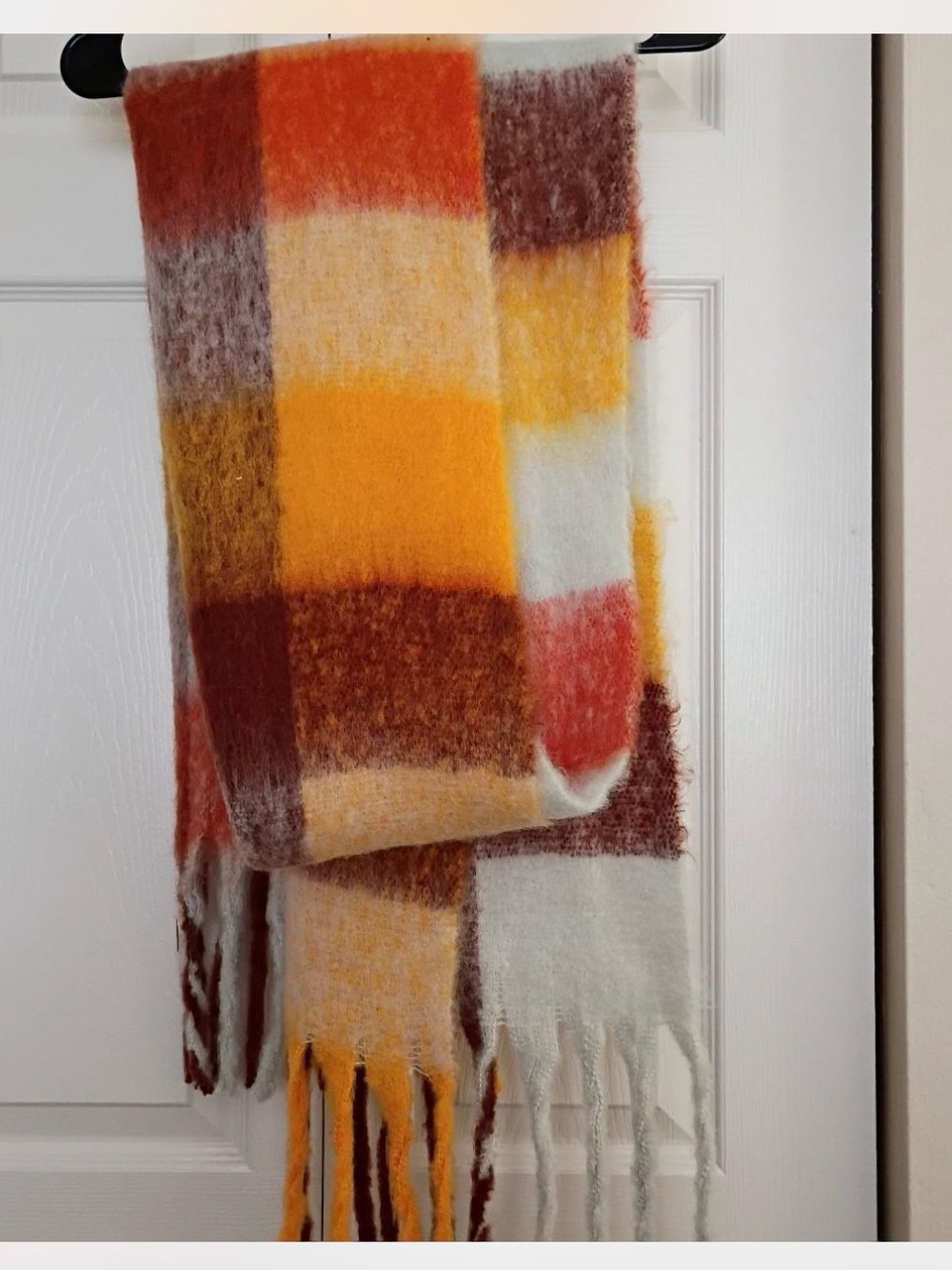Cozy Checkered Fringe Scarf in Orange, Yellow, Brown & Cream